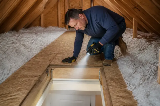 Homeowner inspecting attic insulation and possible air leaks.