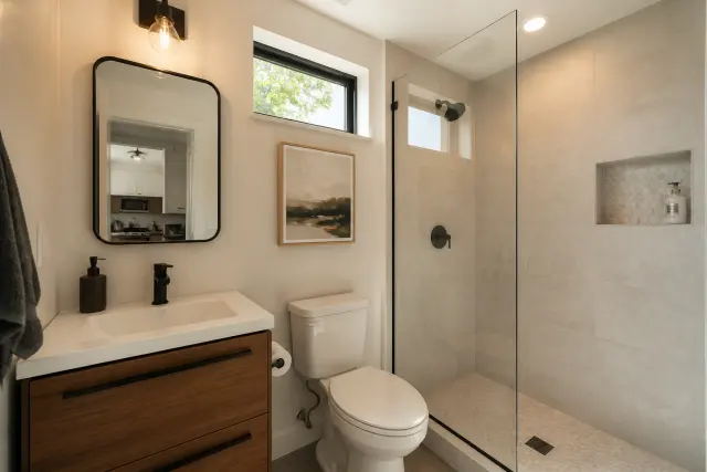 Compact bathroom in a detached garage conversion.
