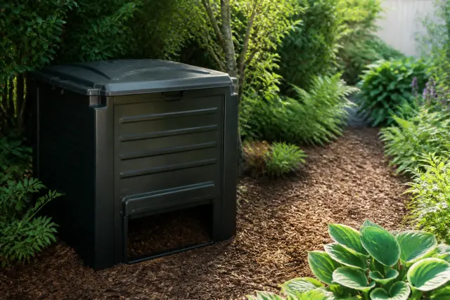 Secure compost bin with dry leaves covering newly added food scraps.
