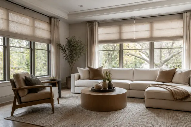 Living room with efficient windows and adjustable shades.
