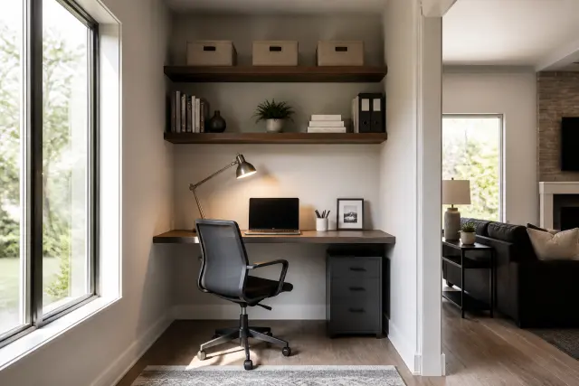 Compact home office nook with desk, shelves, task lamp, and organized storage.