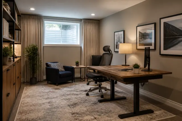 Comfortable finished basement home office with soft lighting, rug, curtains, and clear air vents.