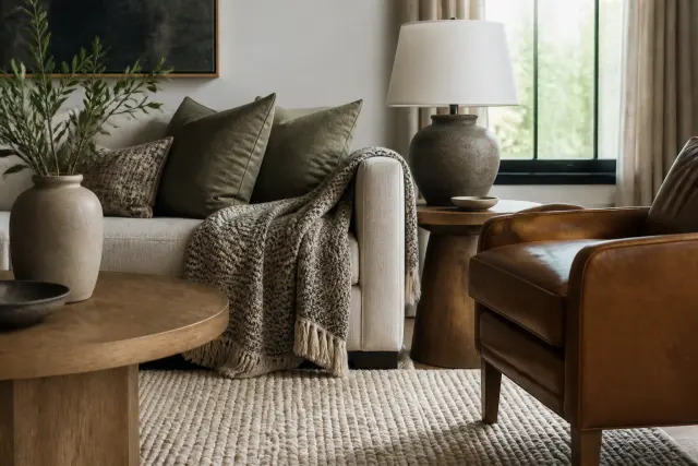 Textured neutral and olive furnishings layered in a living room.
