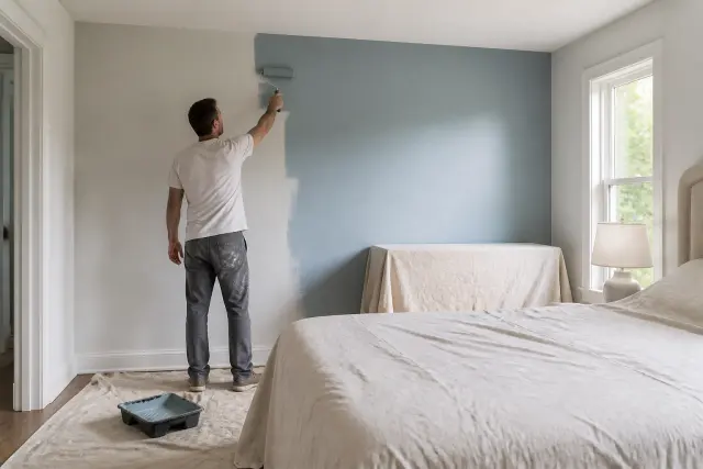 Homeowner painting an accent wall in a prepared bedroom.