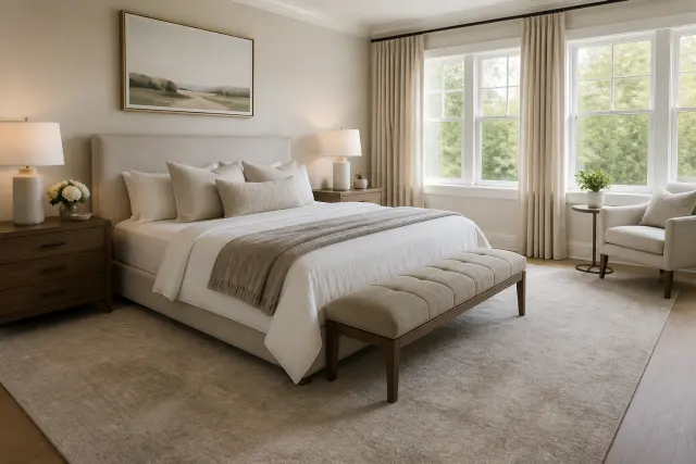 A large bedroom area rug provides a soft landing around a bed.