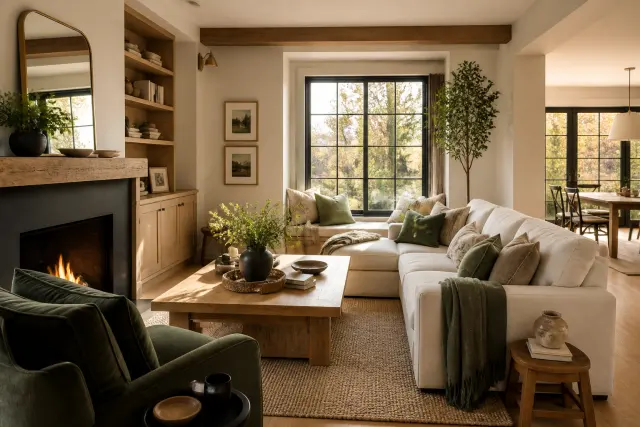 Finished living room with a balanced warm neutral and soft green color palette.