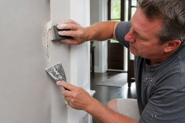 Homeowner repairing a damaged drywall outside corner.