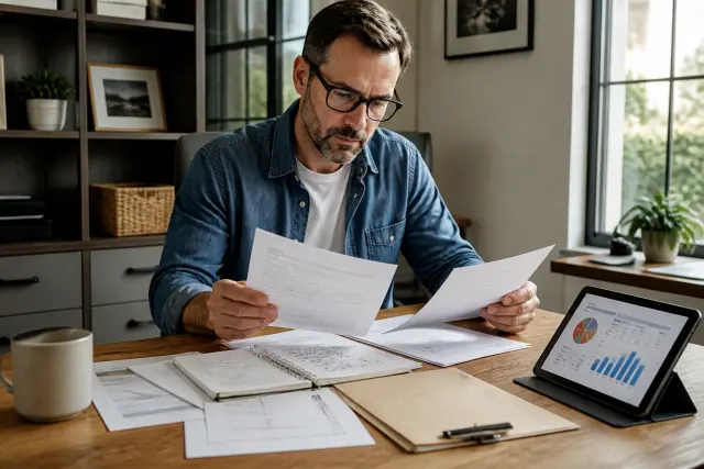Homeowner organizing an energy improvement plan and household records.