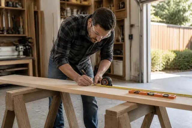 Homeowner measuring lumber for a DIY floating shelf.