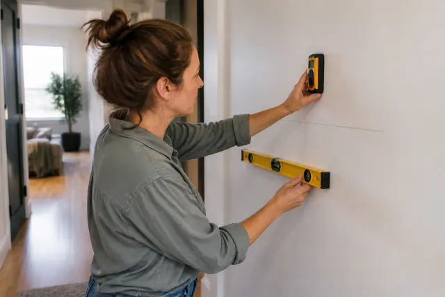Person locating wall studs before installing a floating shelf.