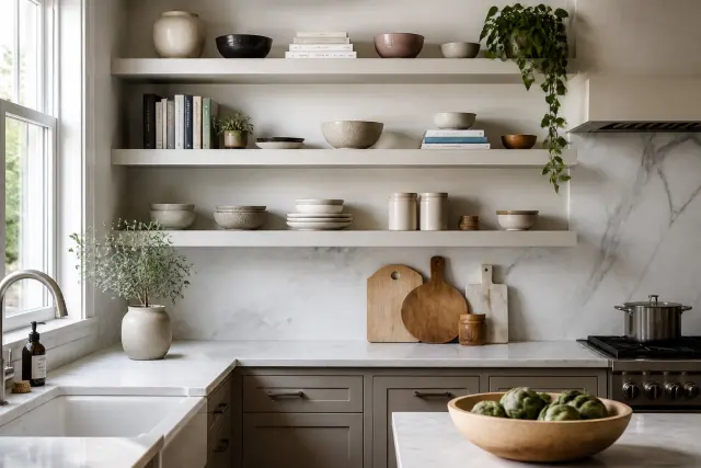 Finished floating shelves styled in a modern kitchen.