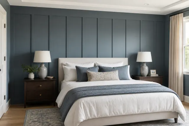 Completed blue-gray board and batten feature wall behind a bed.