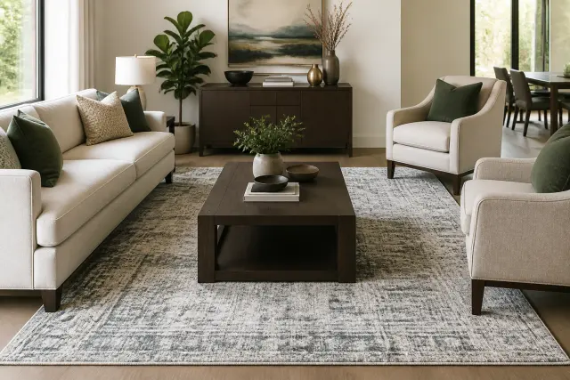 Living room furniture with front legs placed on a large area rug.