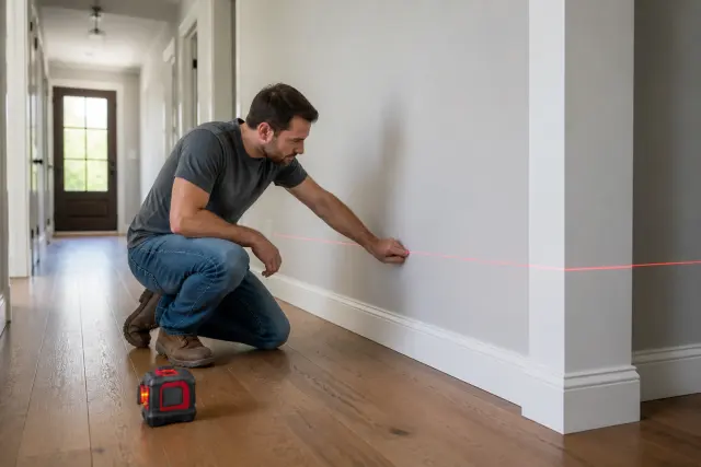 Laser level projecting a line for a board and batten top rail.
