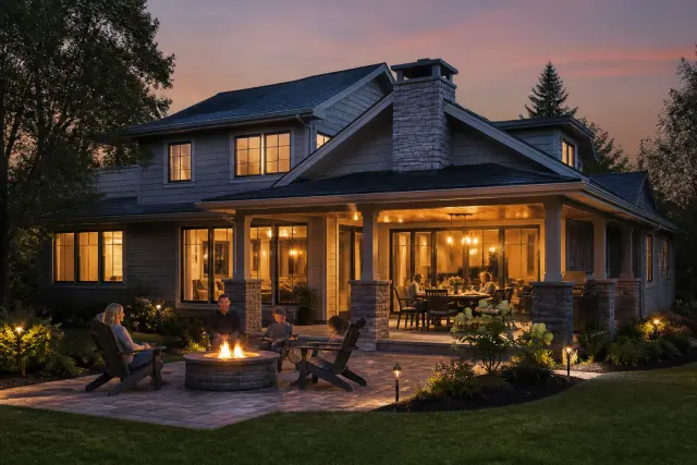 Comfortable, well-maintained American home at dusk.