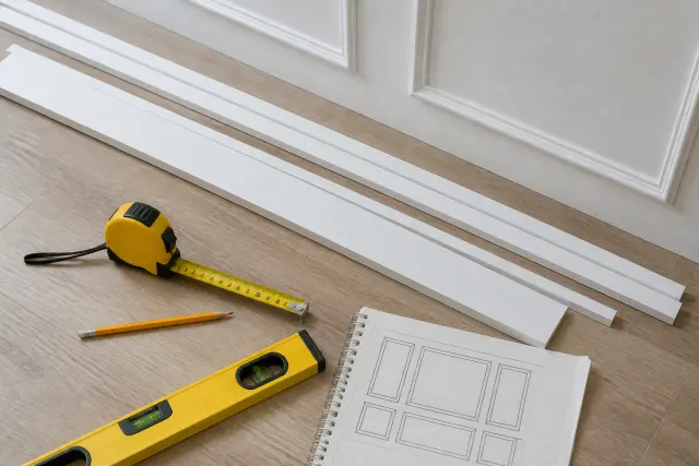 Tools and trim boards arranged for planning a board and batten wall.