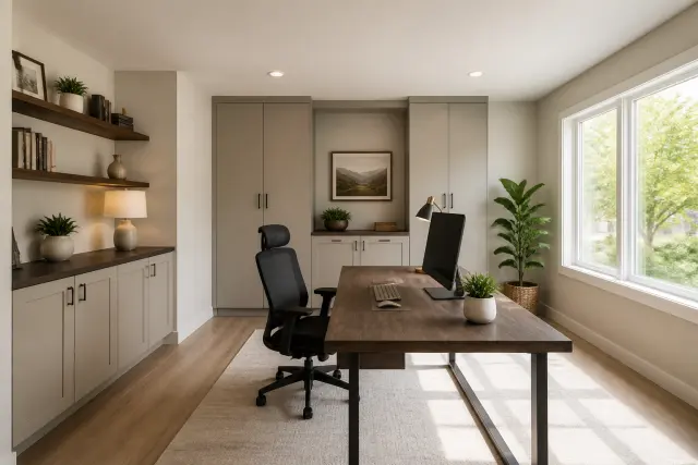 Garage conversion arranged as a bright home office with storage.