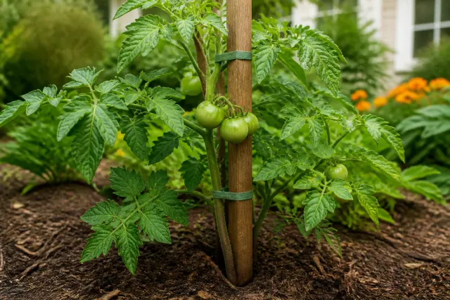Tomato stem gently tied to a stake above mulched garden soil.