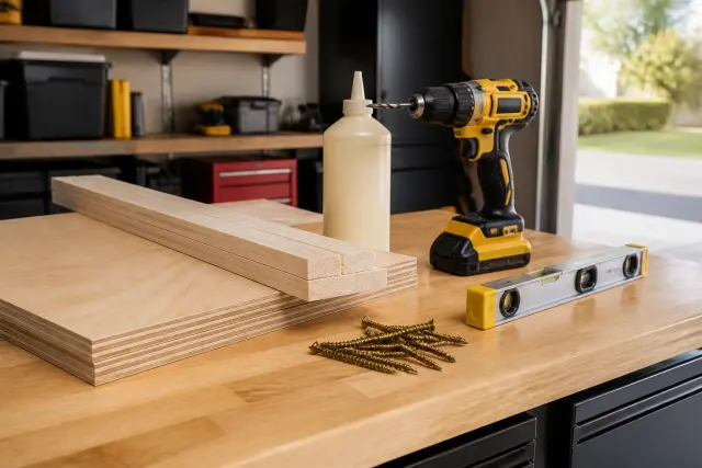Materials and tools arranged for building a floating shelf.