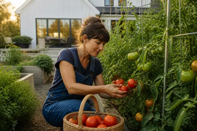 Gardener harvesting ripe tomatoes into a basket from supported garden plants.