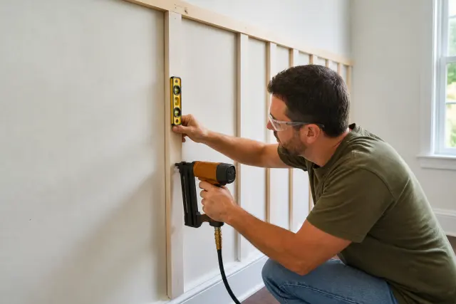 Installing a plumb vertical batten between a top rail and baseboard.