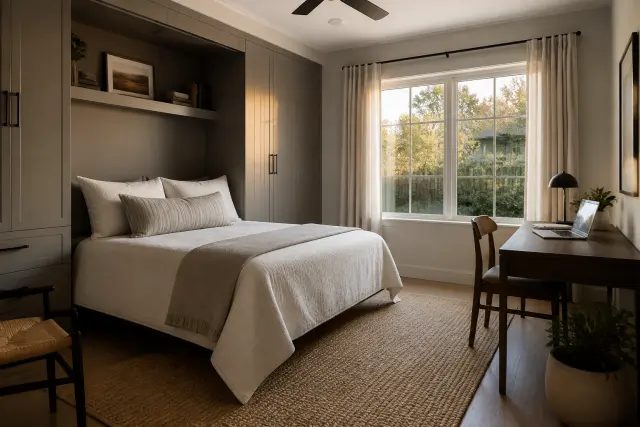 Flexible garage conversion serving as both a guest room and study.