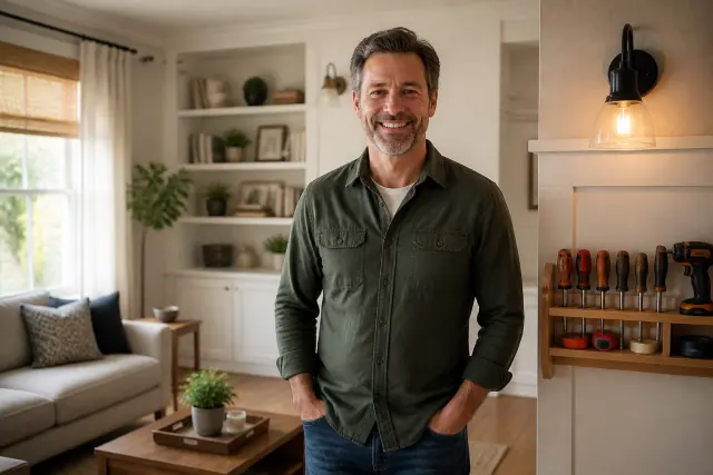 Homeowner enjoying a bright room after completing simple DIY upgrades.