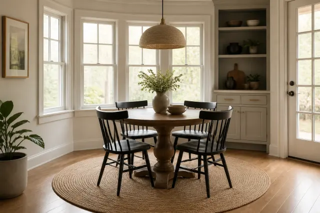 A round area rug complements a round dining table in a breakfast nook.