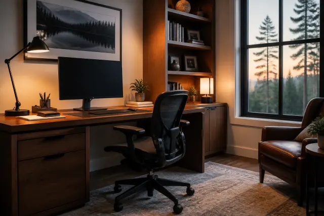 Tidy finished home office with a tucked-in chair, warm lamp, and organized shelves.