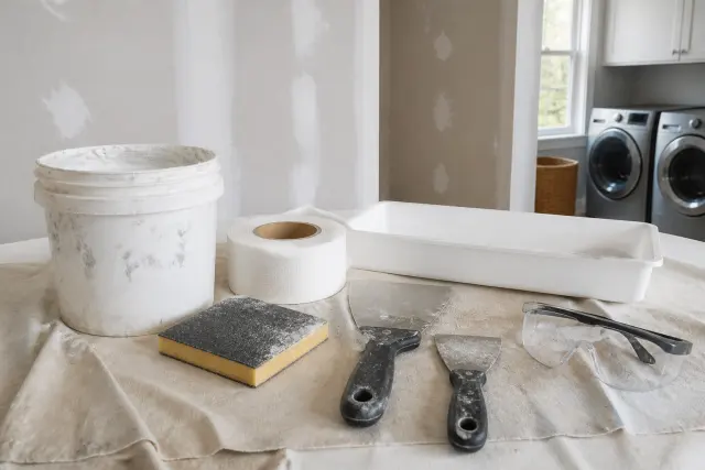 Drywall repair tools and protective supplies arranged on a work surface.