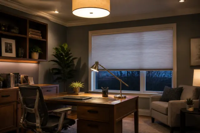 Home office with an adjustable desk lamp, ambient light, and window shades for glare control.