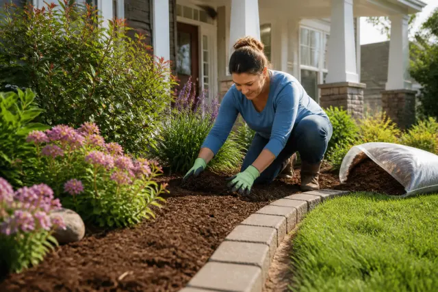 Homeowner refreshing a front planting bed with mulch.
