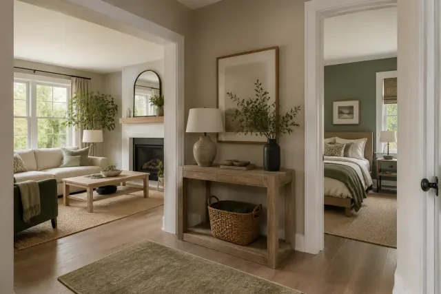 Hallway and adjacent rooms connected by coordinated neutral colors and trim.