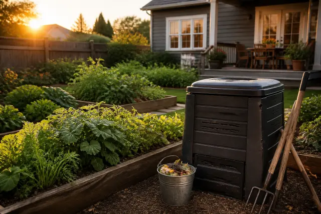 Finished compost bin beside productive vegetable beds in a home garden.