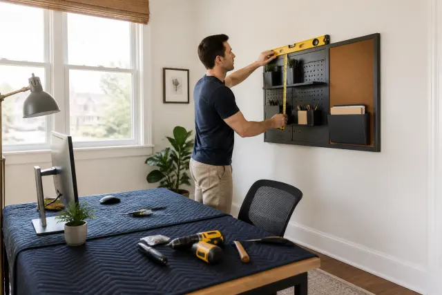 Homeowner measuring a wall before starting a small organizer project.