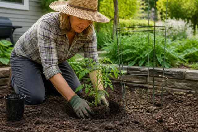 Young tomato plant being set deeply in soil beside a tomato cage.