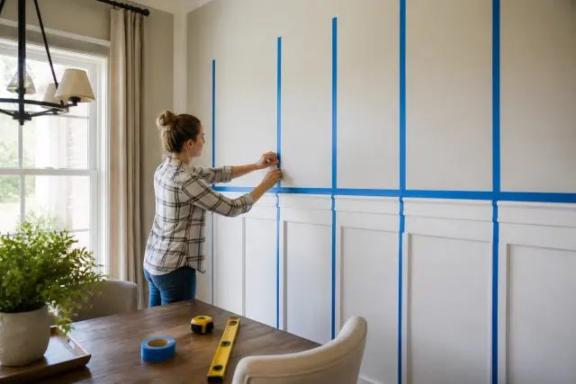 Painter’s tape marking a board and batten layout on a dining room wall.