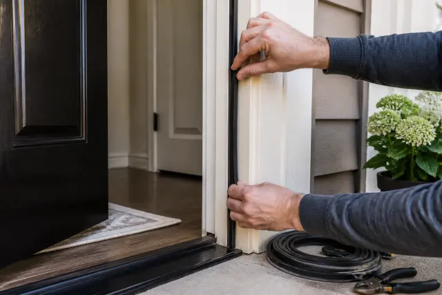 Installing weatherstripping around an exterior door.