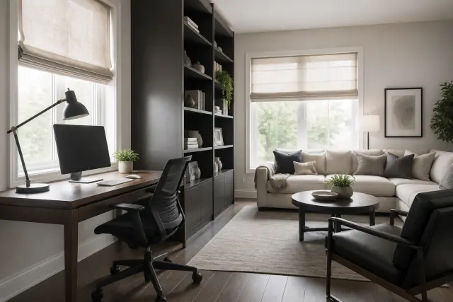 Home office integrated into a living room with side window light and a bookcase divider.
