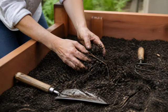 Gardener mixing compost into soil in a raised bed before planting tomatoes.