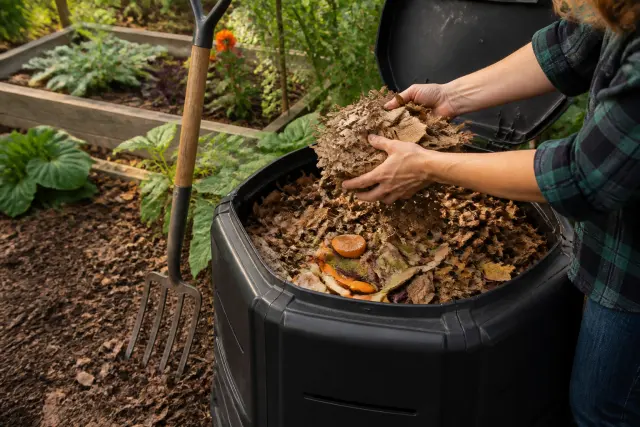 Hands layering food scraps, leaves, and shredded cardboard in a compost bin.