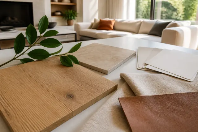 Finish and material samples arranged to plan a home color palette.