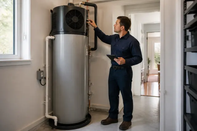 Technician inspecting a heat pump water heater in a utility room.