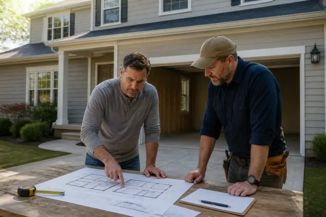 Homeowner and contractor assessing an attached garage for a conversion.