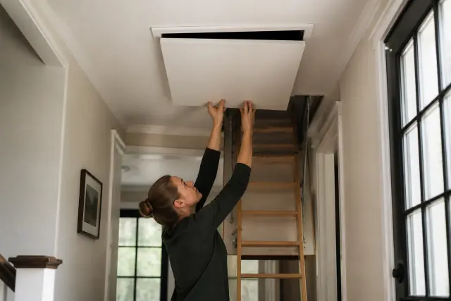 Homeowner closing an insulated and weatherstripped attic hatch.