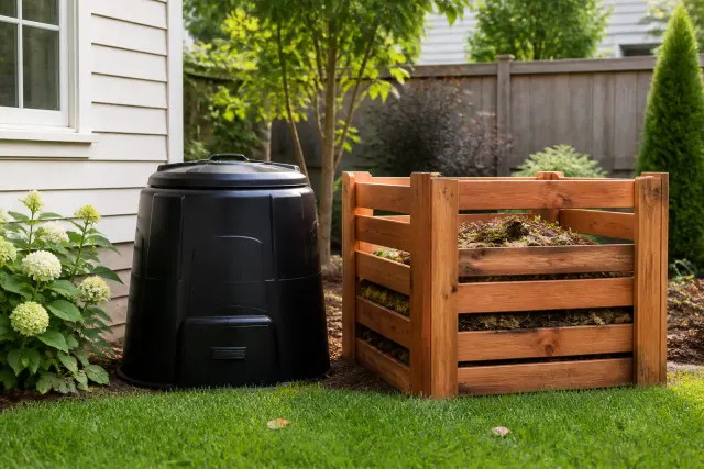 Lidded compost bin and open cedar compost enclosure in a suburban backyard.