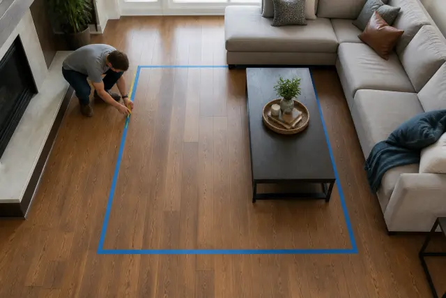 Painter’s tape outlines a proposed area rug size on a living room floor.