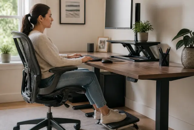 Ergonomic desk setup with an adjustable chair, elevated monitor, keyboard, mouse, and footrest.