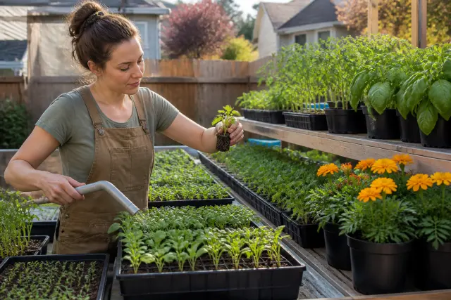 Clean propagation bench with healthy vegetable and herb seedlings in pots