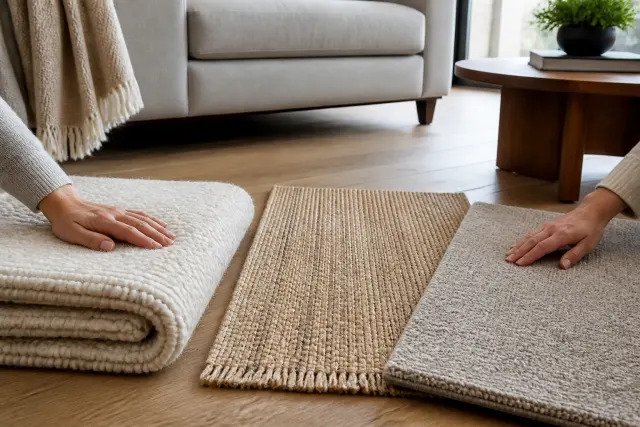 Area rug samples in different fibers and pile heights on a wood floor.
